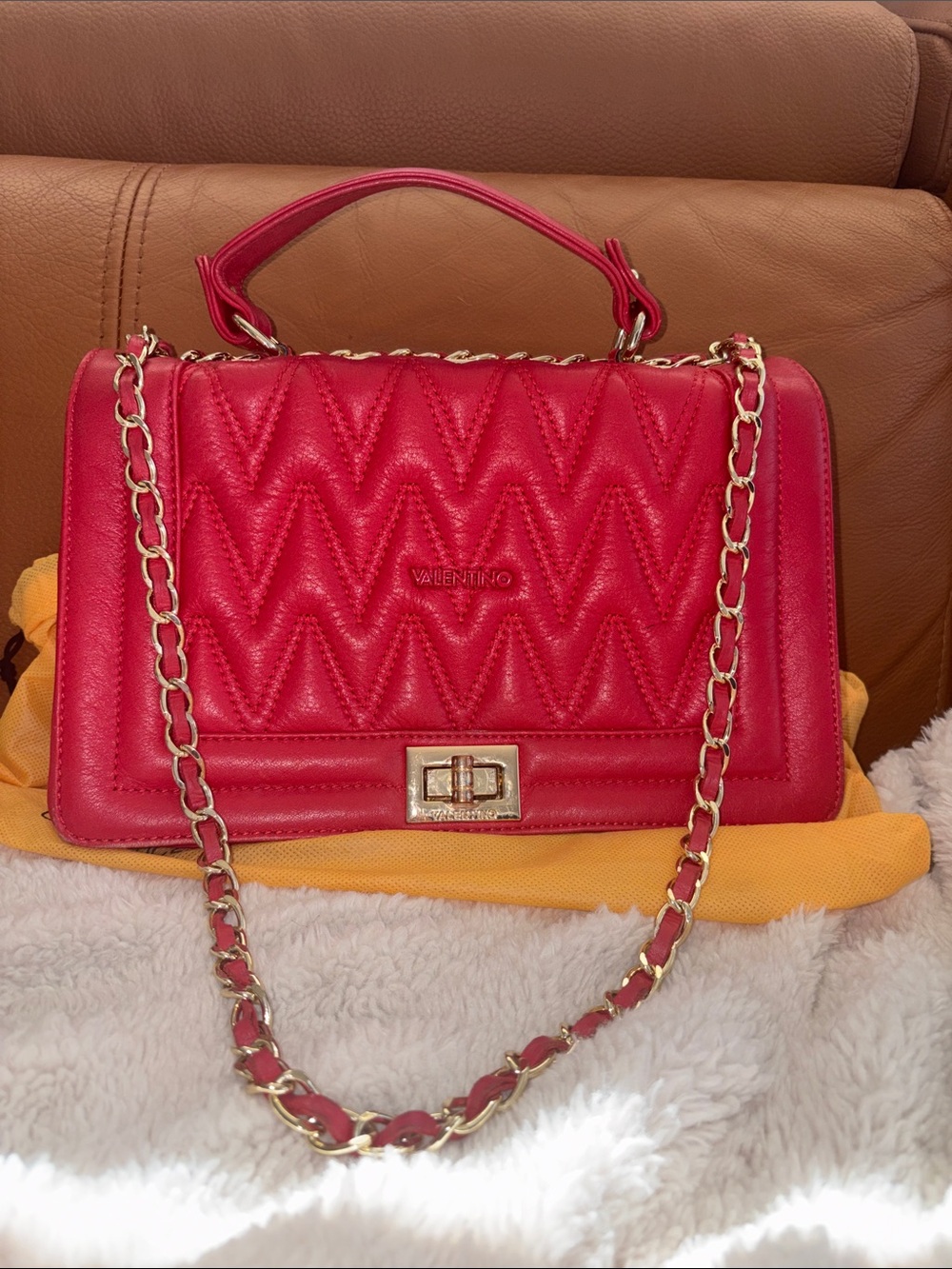 Valentino Red Quilted Chain Crossbody Bag with Gold Hardware